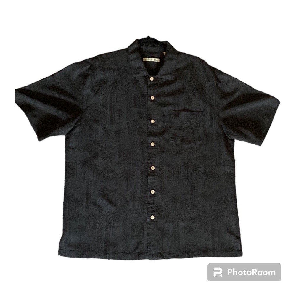 Batik Bay Button Up Hawaiian Camp Shirt L Black Tribal Palm Leaves Chest Pocket - Picture 4 of 11